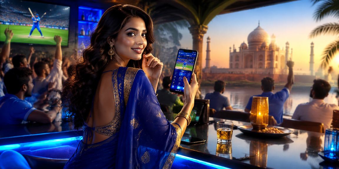 Taj Mahal illuminated at night with cricket betting theme