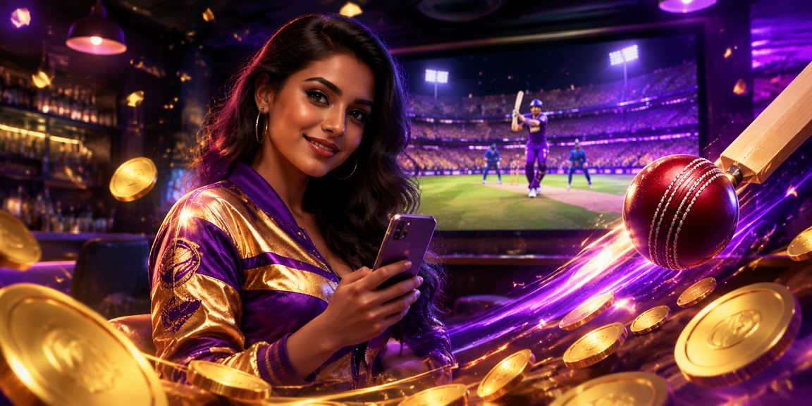 Neon-lit cricket stadium in India with betting screens