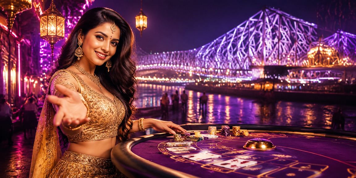 Colorful Howrah Bridge at night with casino baccarat overlay